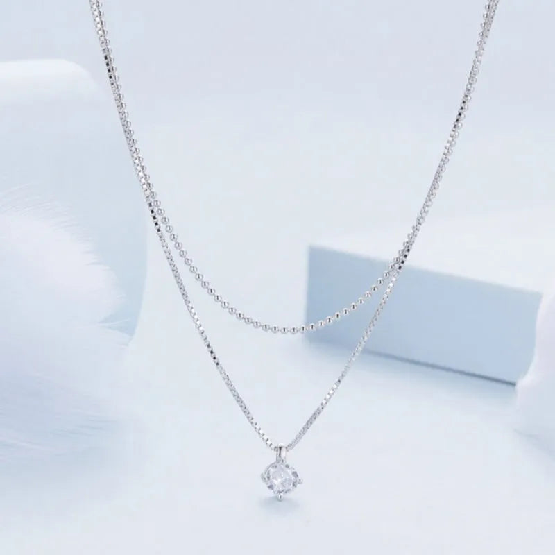 S925 sterling silver double-layer necklace with pearl chain in silver colour
