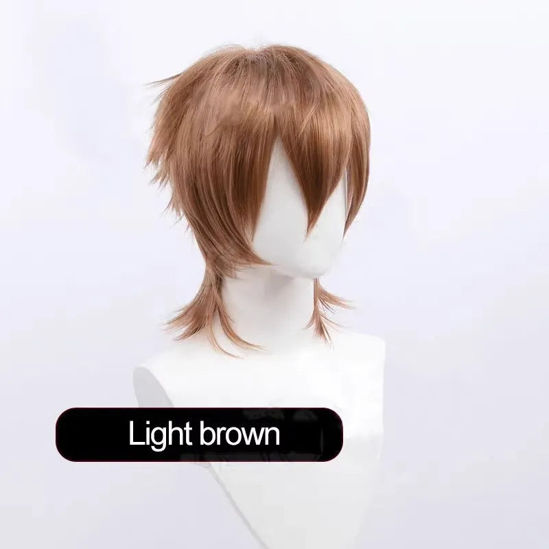 Men's short hair anime cosplay wig in high-temperature synthetic fibre on a stand