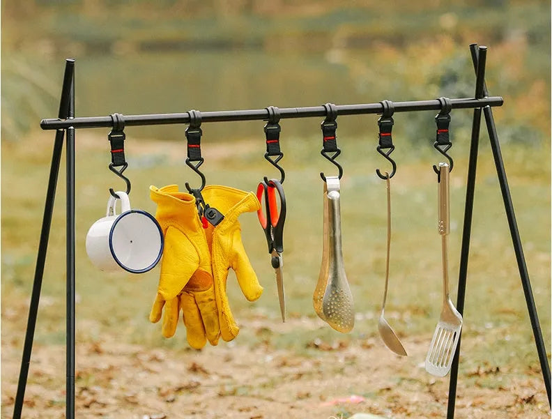 Aluminium alloy triangle folding clothes drying rack with multiple hooks for camping