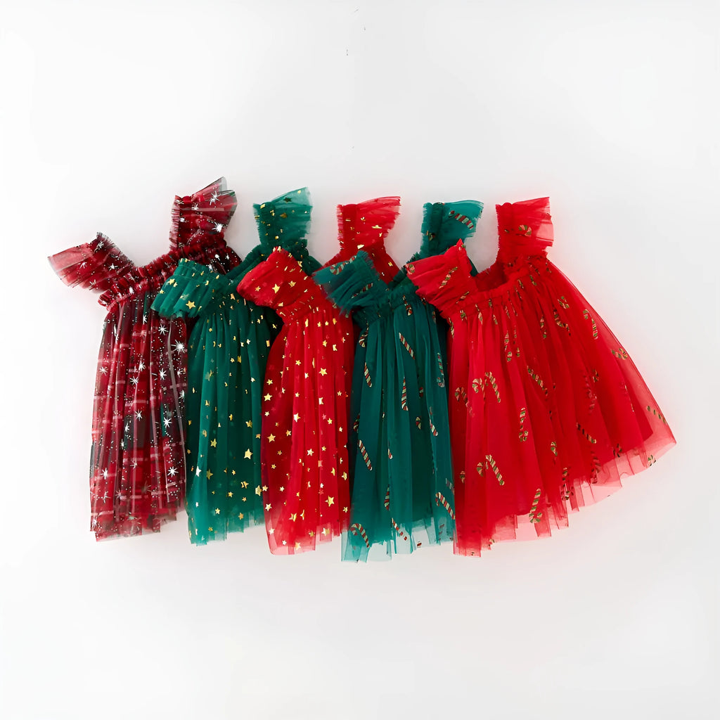XINGX girls suspender skirt in Snowflake Red and Green colour, polyester fabric, side view