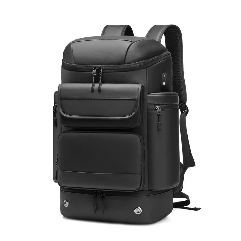 Men's 21 inch waterproof Oxford cloth backpack in black with curved shoulder straps and dry wet separation compartment