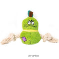Green and purple interactive plush rope dog toy with knot design and squeaker for tug-of-war games.