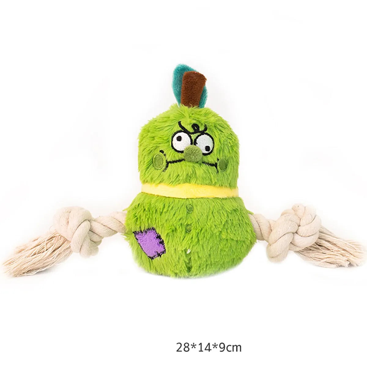 Green and purple interactive plush rope dog toy with knot design and squeaker for tug-of-war games.
