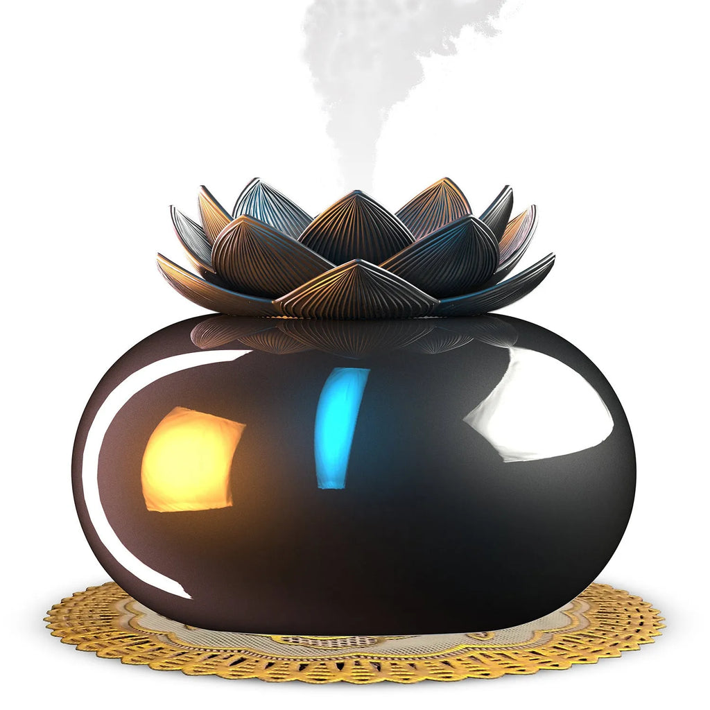 Pure black lotus-shaped aromatherapy humidifier with USB cable and ceramic finish