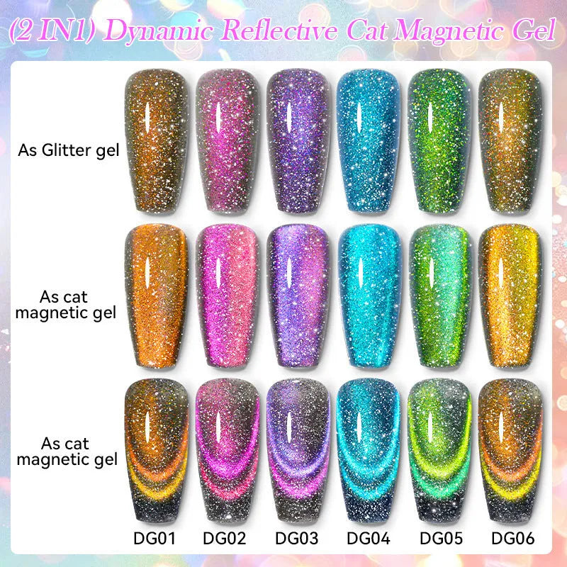 Diamond In The Debris Cat Eye Series UV Nail Polish Gel bottle showing glitter and diamond particles, with nail glue.
