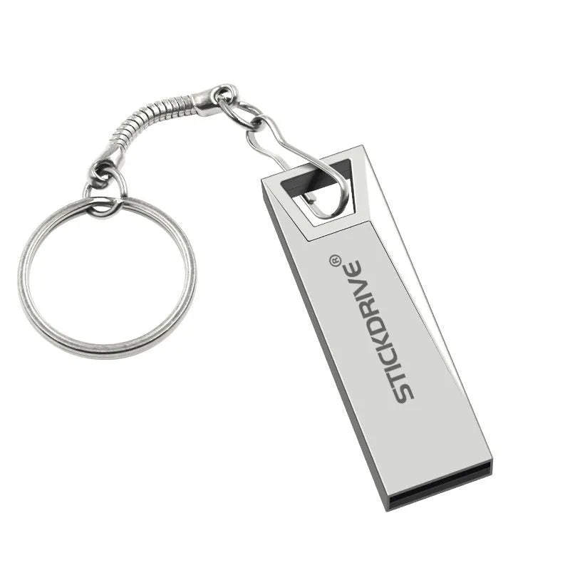Metal USB drive with chain attachment showing lightning pattern design in black