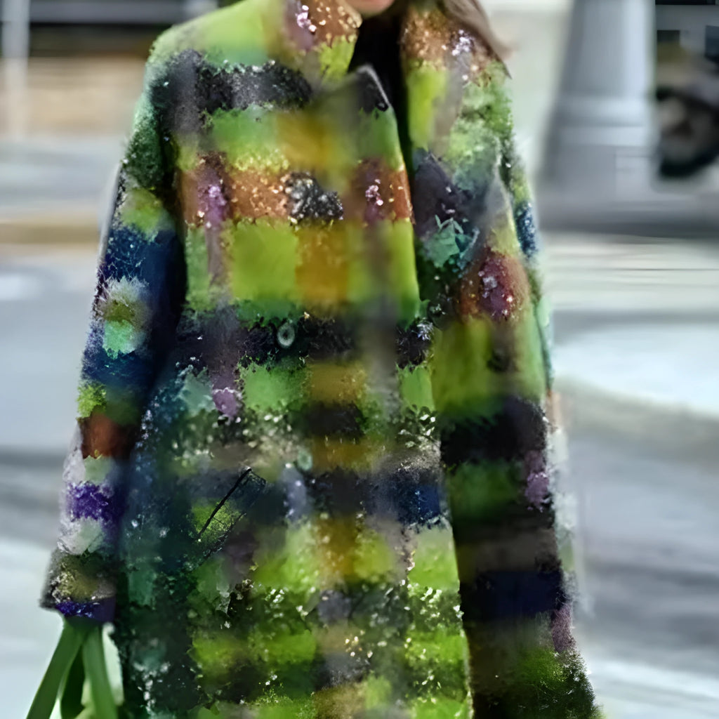 Yellow-green plaid long sleeve lapel coat with loose fit on a hanger