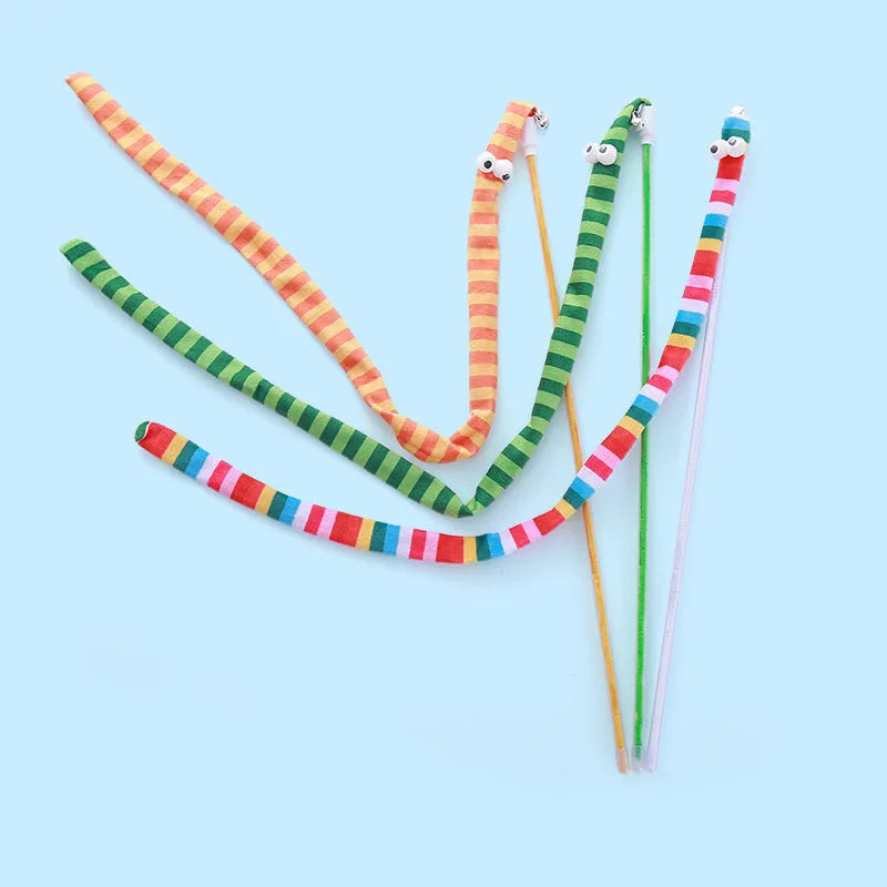 Cat wand toy with polycarbonate handle and colourful plush strip for interactive play