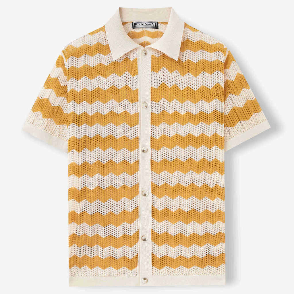 Short-sleeved yellow corrugated knit sweater with flocking detail on a hanger.