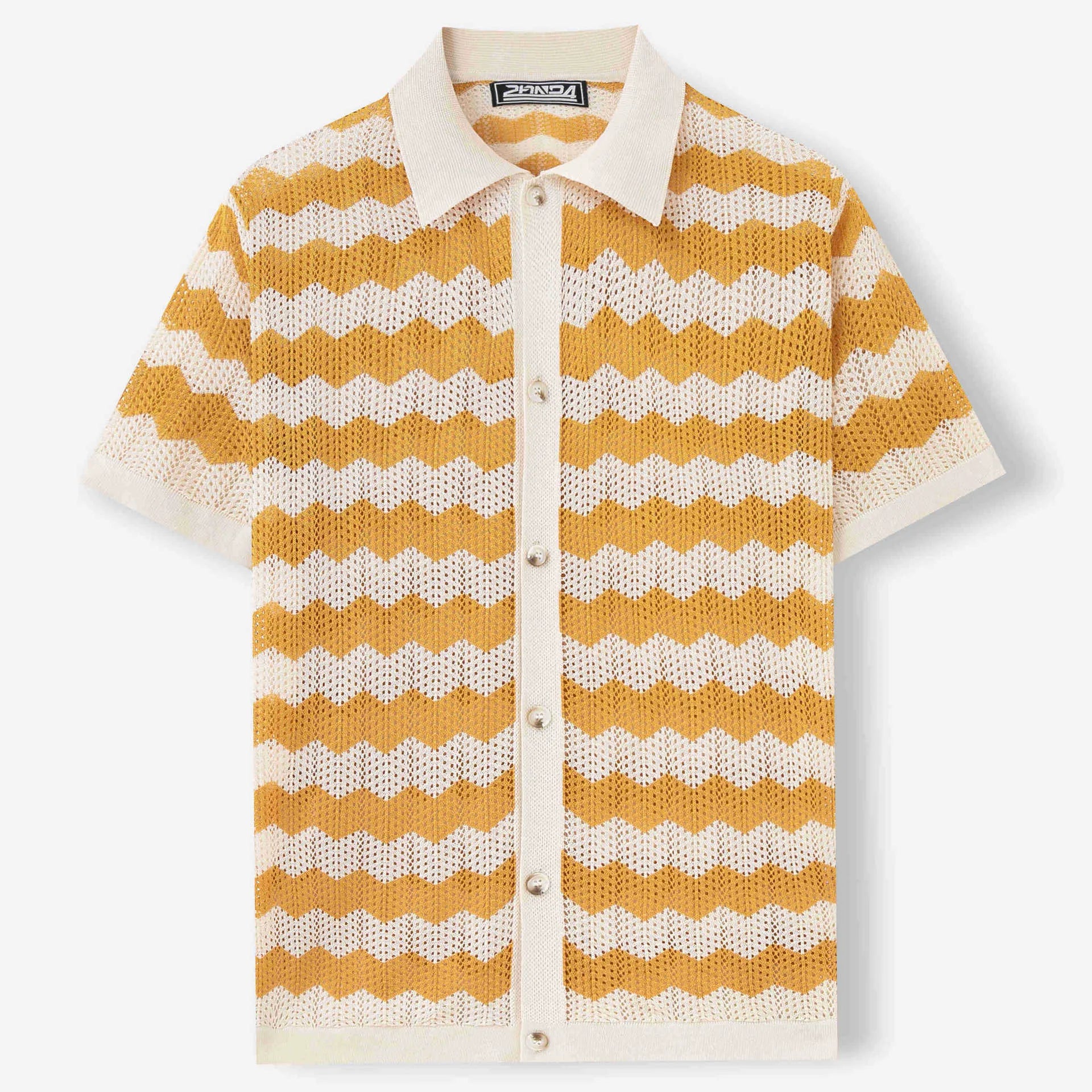 Short-sleeved yellow corrugated knit sweater with flocking detail on a hanger.