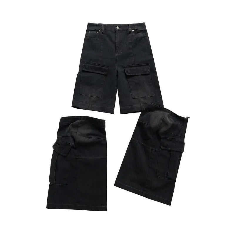 Detachable washed-out cotton overalls with multiple pockets and zip fly in black or blue colours