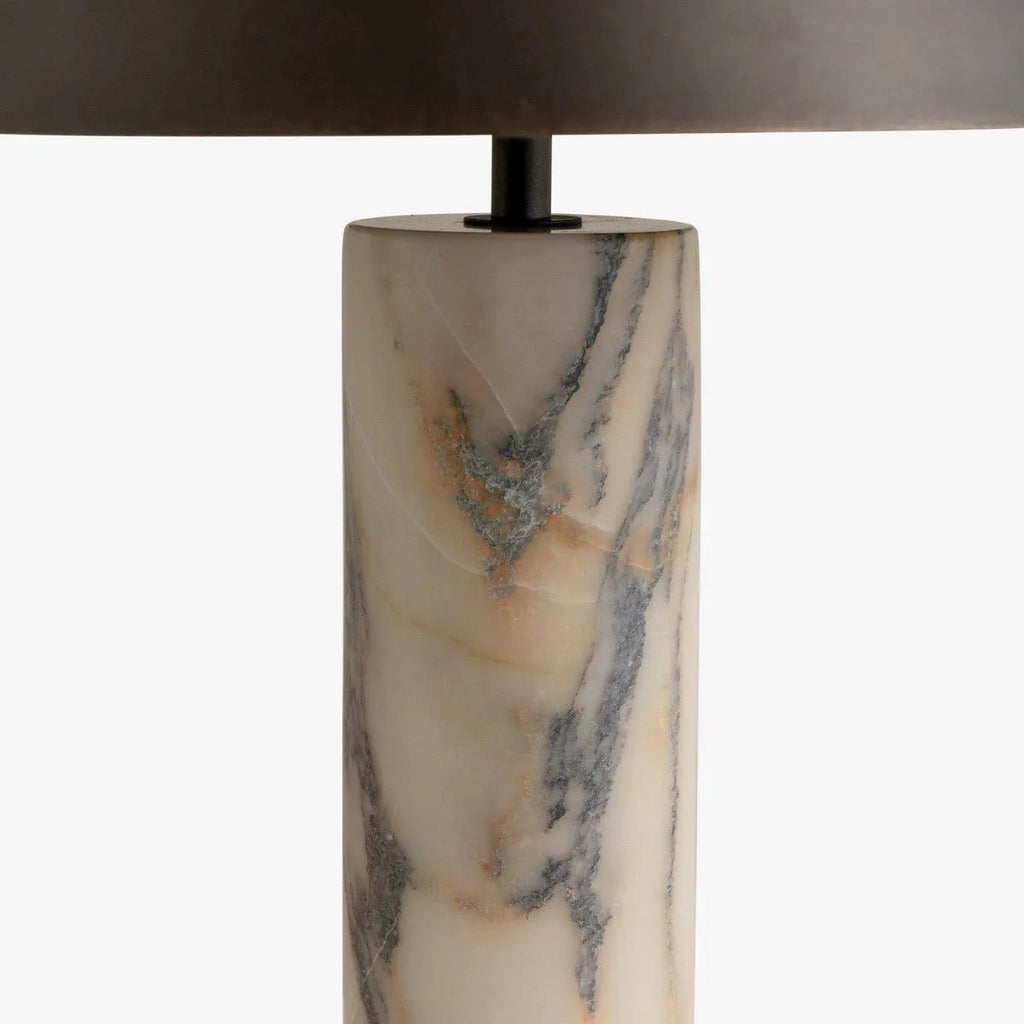 Modern black shade table lamp with marble base on wooden surface