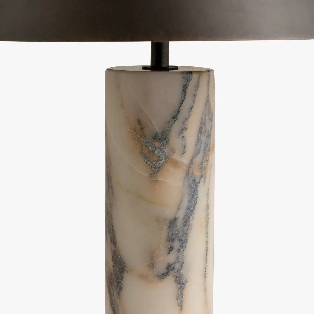 Modern black shade table lamp with marble base on wooden surface