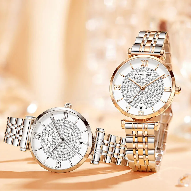 Starry women's quartz watch with 33mm dial, alloy strap, mineral glass mirror, and butterfly buckle on white background