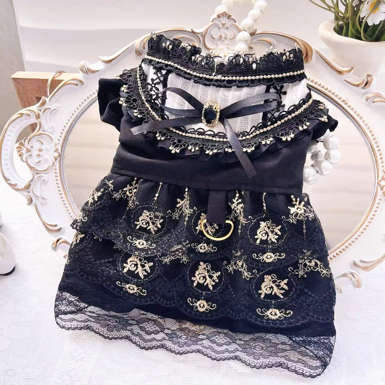 Golden gothic skirt costume for small cat or dog with princess-style design