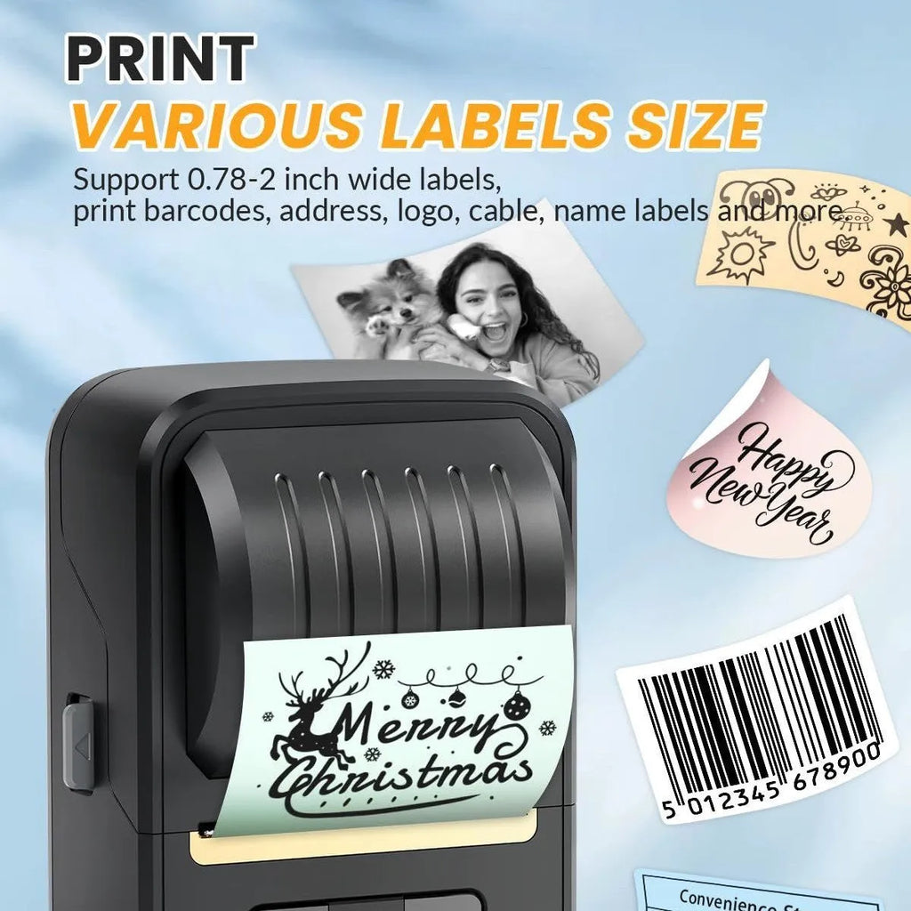 Black Bluetooth portable thermal label printer with a Type-C charging port and a roll of 40x30mm labels visible