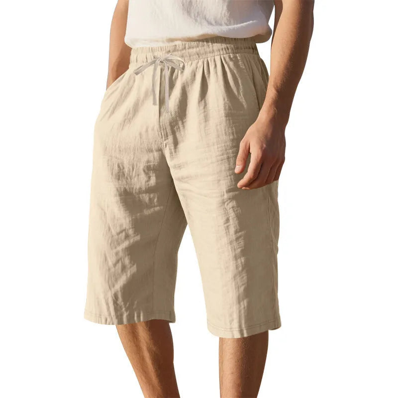 Men's loose linen cropped casual shorts with high drawstring waist in solid colours, sizes S to XXXL