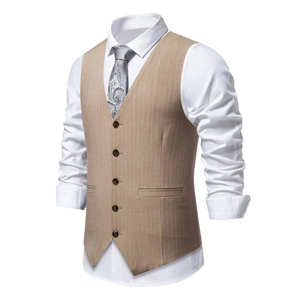 Men's striped suit vest in polyester with non-ironing feature and miter hem.