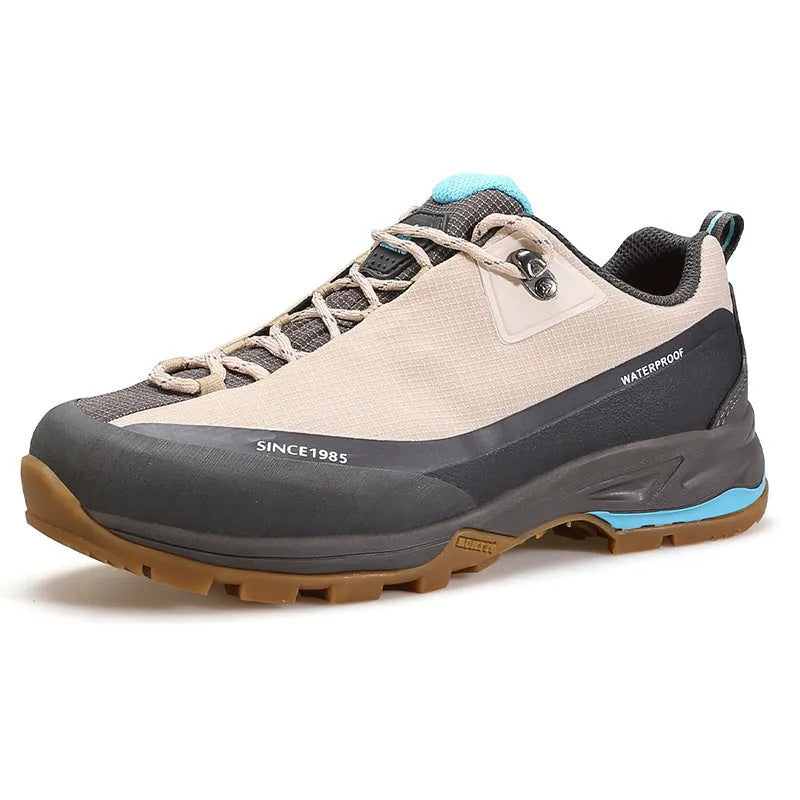 Men's low-top leather mesh hiking boot in black with lace-up front and rubber outsole.