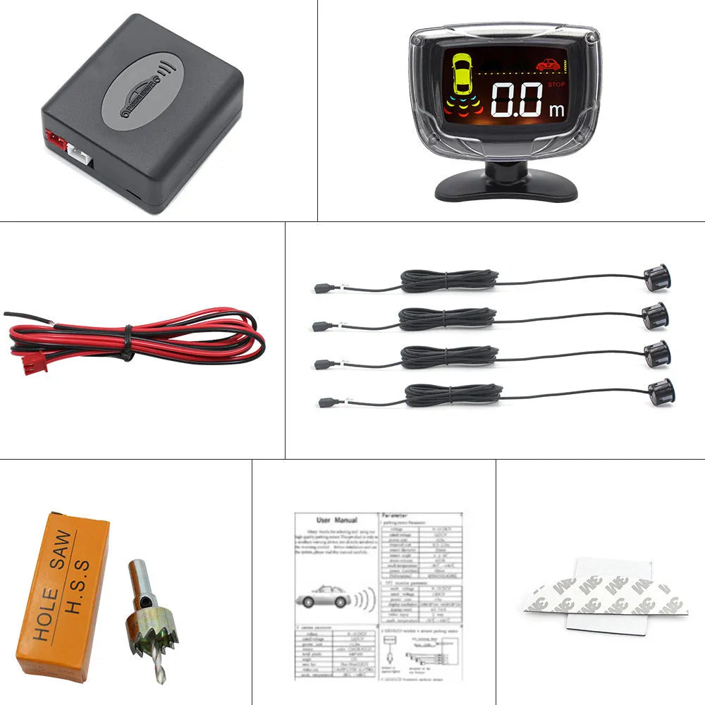 Wireless vehicle reversing sensor kit with 4 probes, control unit, and LED display with distance indicators