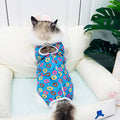 Breathable cotton cat sterilization suit for female recovery, leopard print pattern, side view on cat