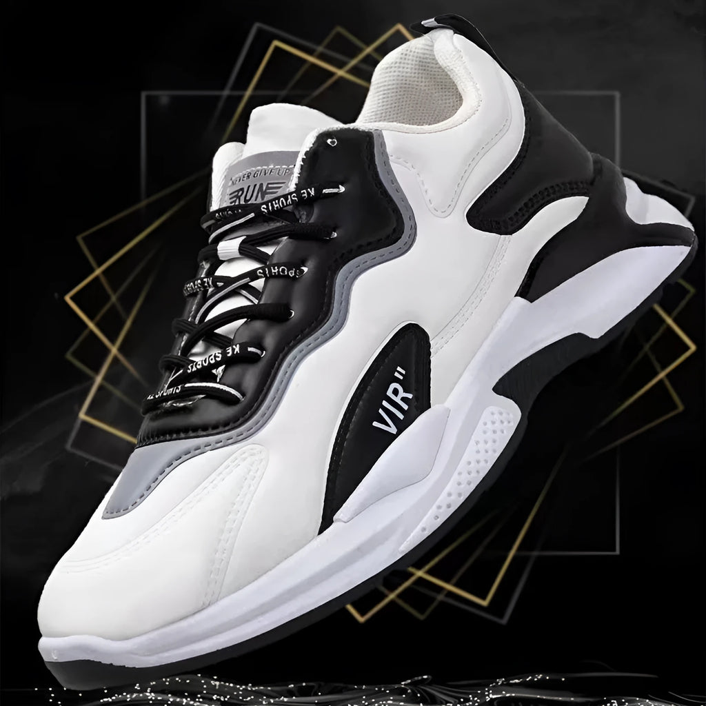 Men's black white lightweight breathable synthetic leather lace-up casual sneakers with round toe