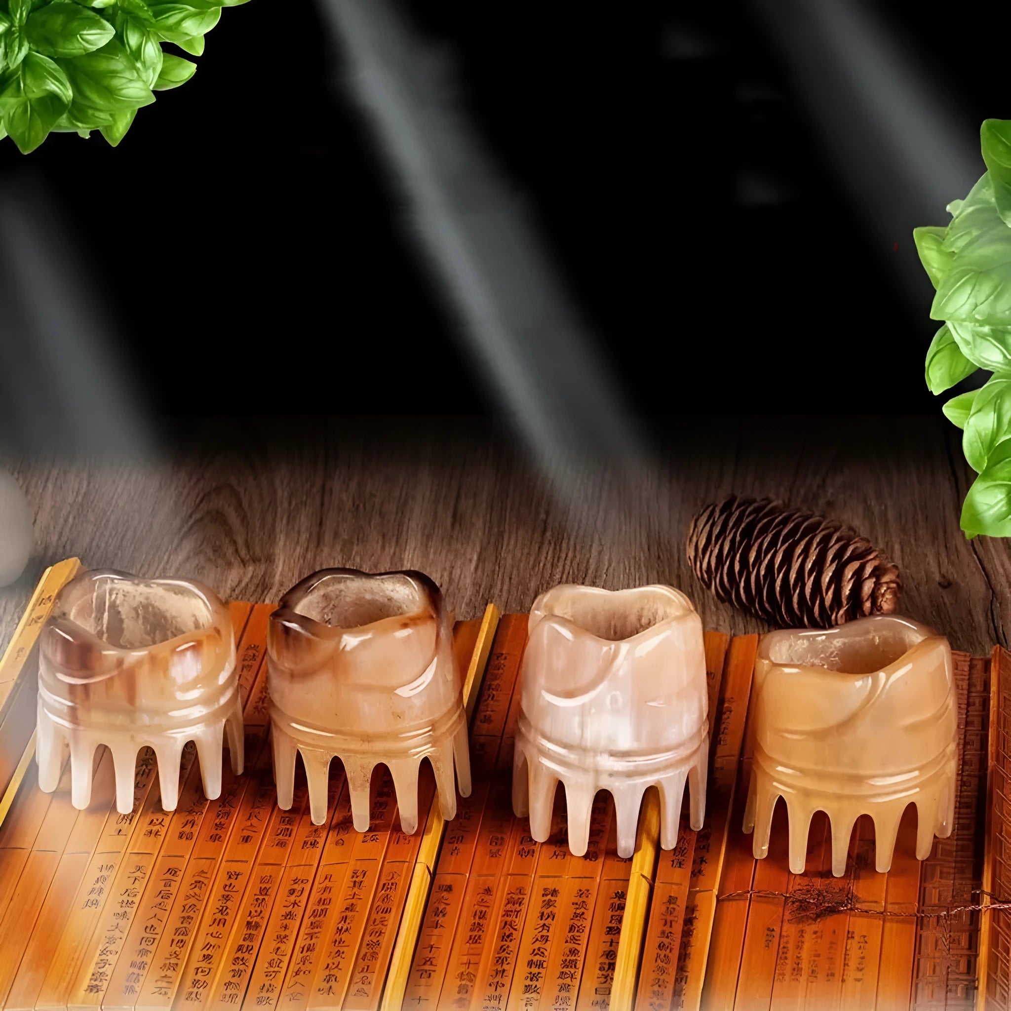 White buffalo horn female head meridian massage comb with pointed tips and wide teeth sections