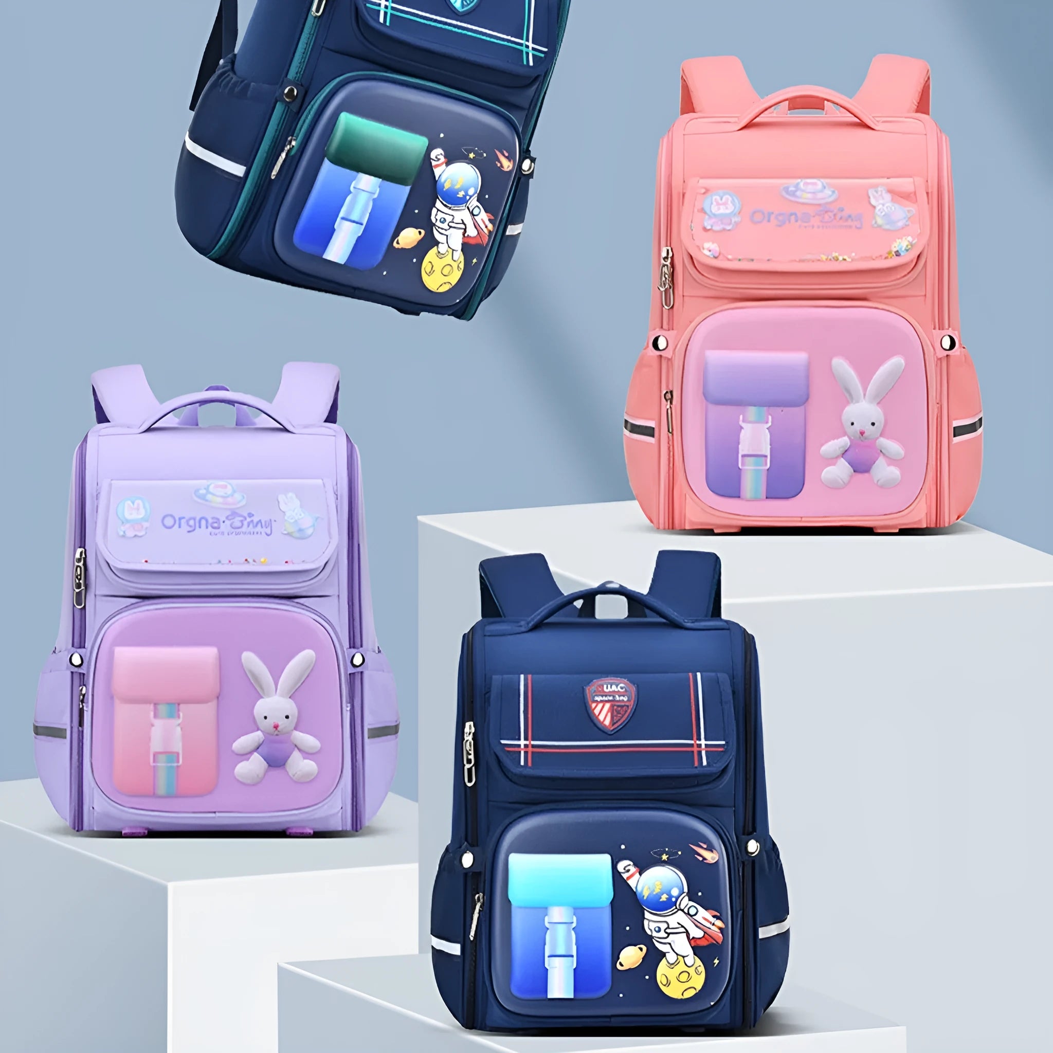 Children's large capacity cartoon backpack with airpillow shoulder straps in rabbit or spaceman designs