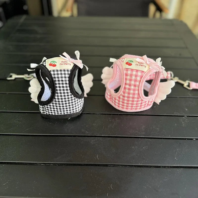 Cotton chest-back dog harness with integrated hand-holding rope for small dogs in pink or black
