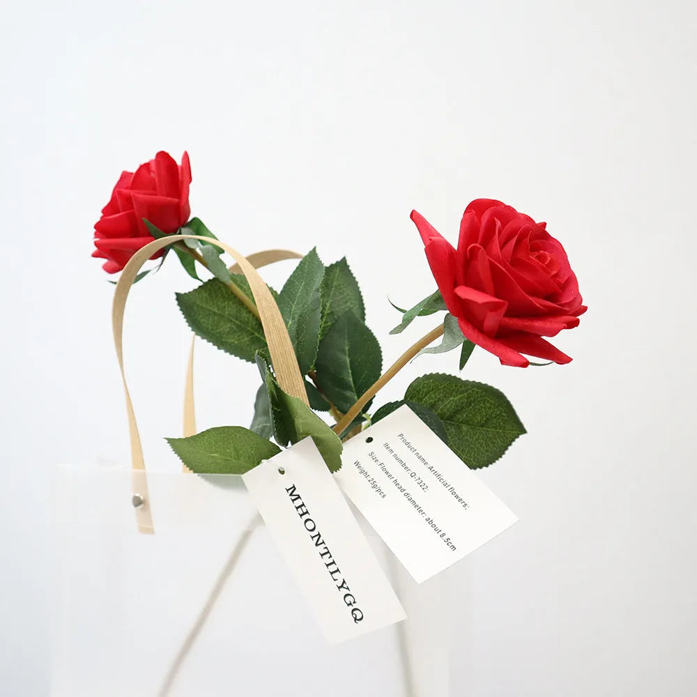 Artificial silk rose flower with fabric petals and plastic components, 42cm length with 8.5cm flower head