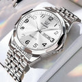 Men's digital calendar quartz watch with round dial, luminous hands, and stainless steel bottom