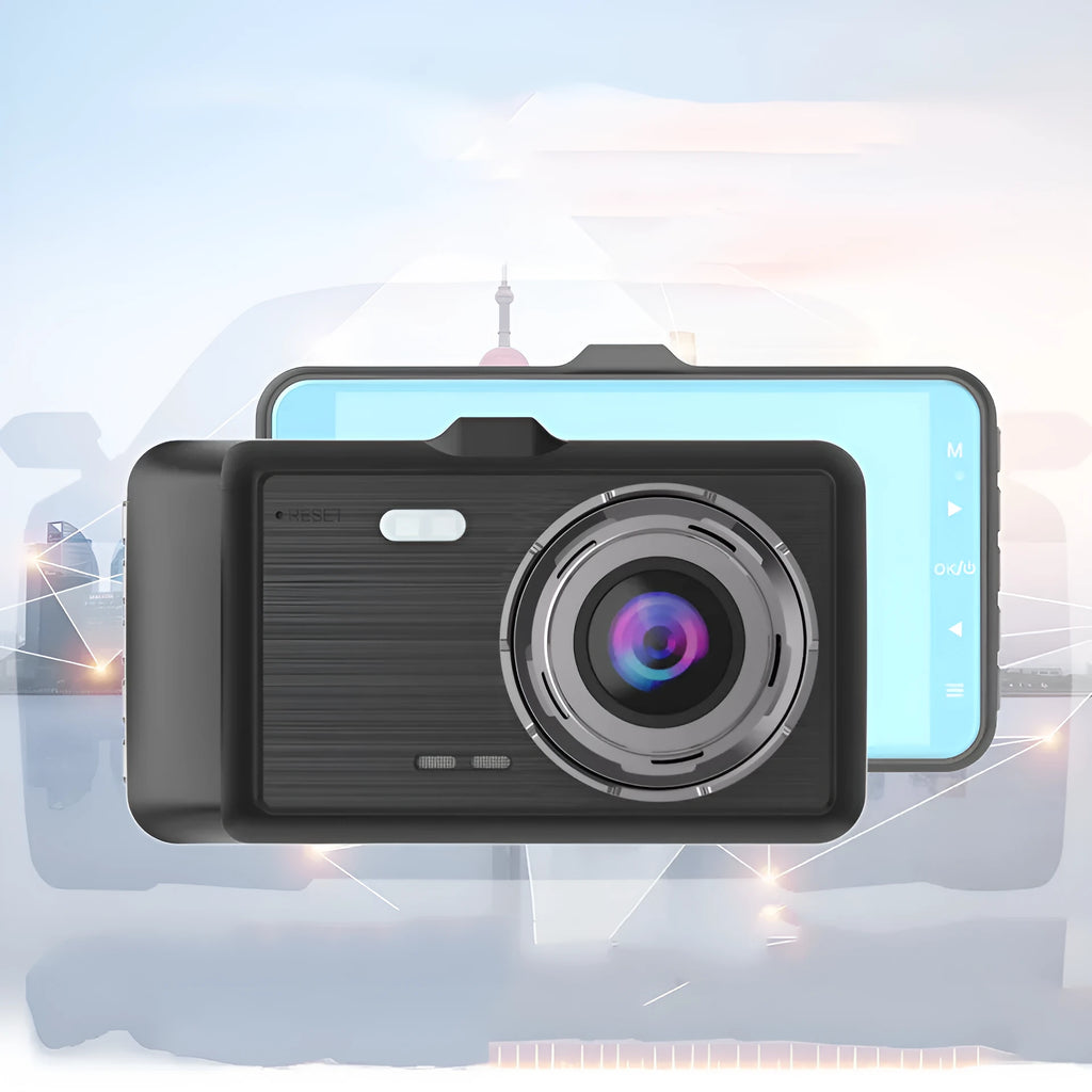 HD dual-lens driving recorder with 4 inch screen in black for windshield mount