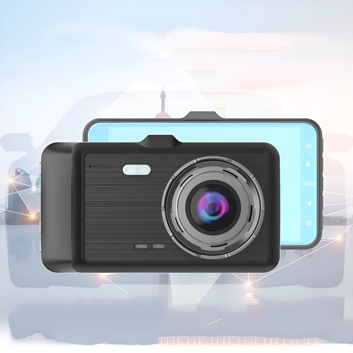 HD dual-lens driving recorder with 4 inch screen in black for windshield mount