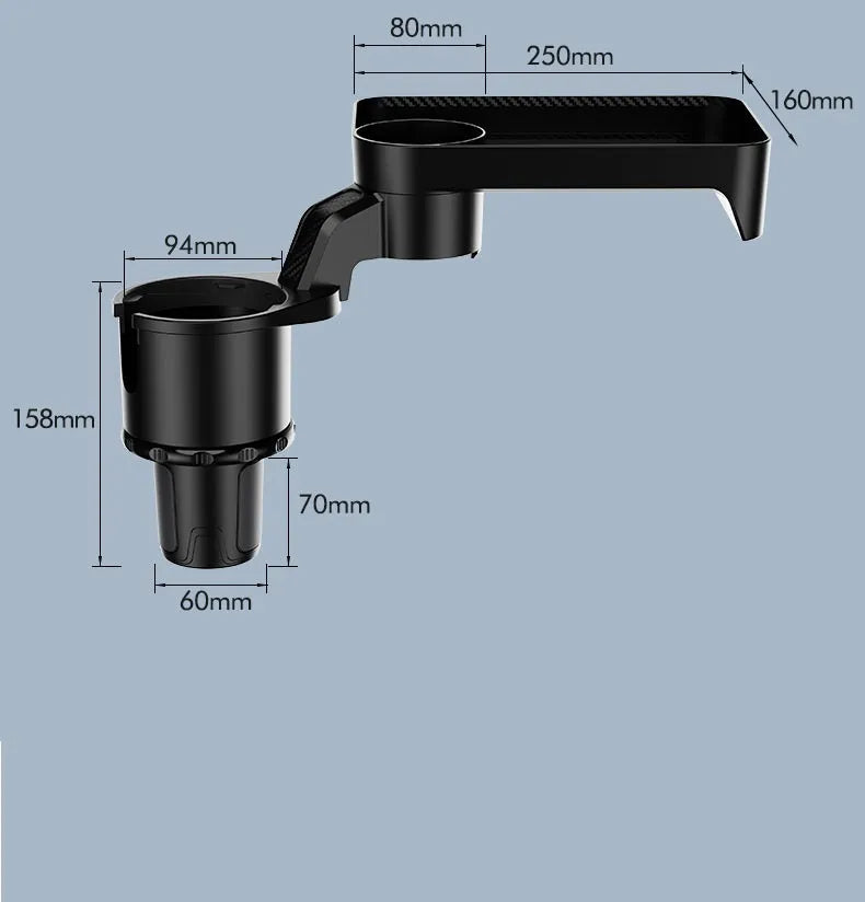 Black ABS plastic car cup holder with rotating dinner tray platform