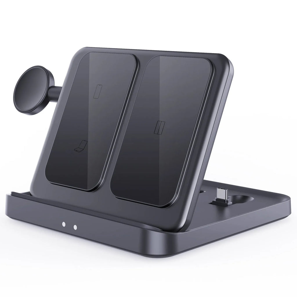 White three-in-one wireless charger with foldable bracket holding a folded smartphone