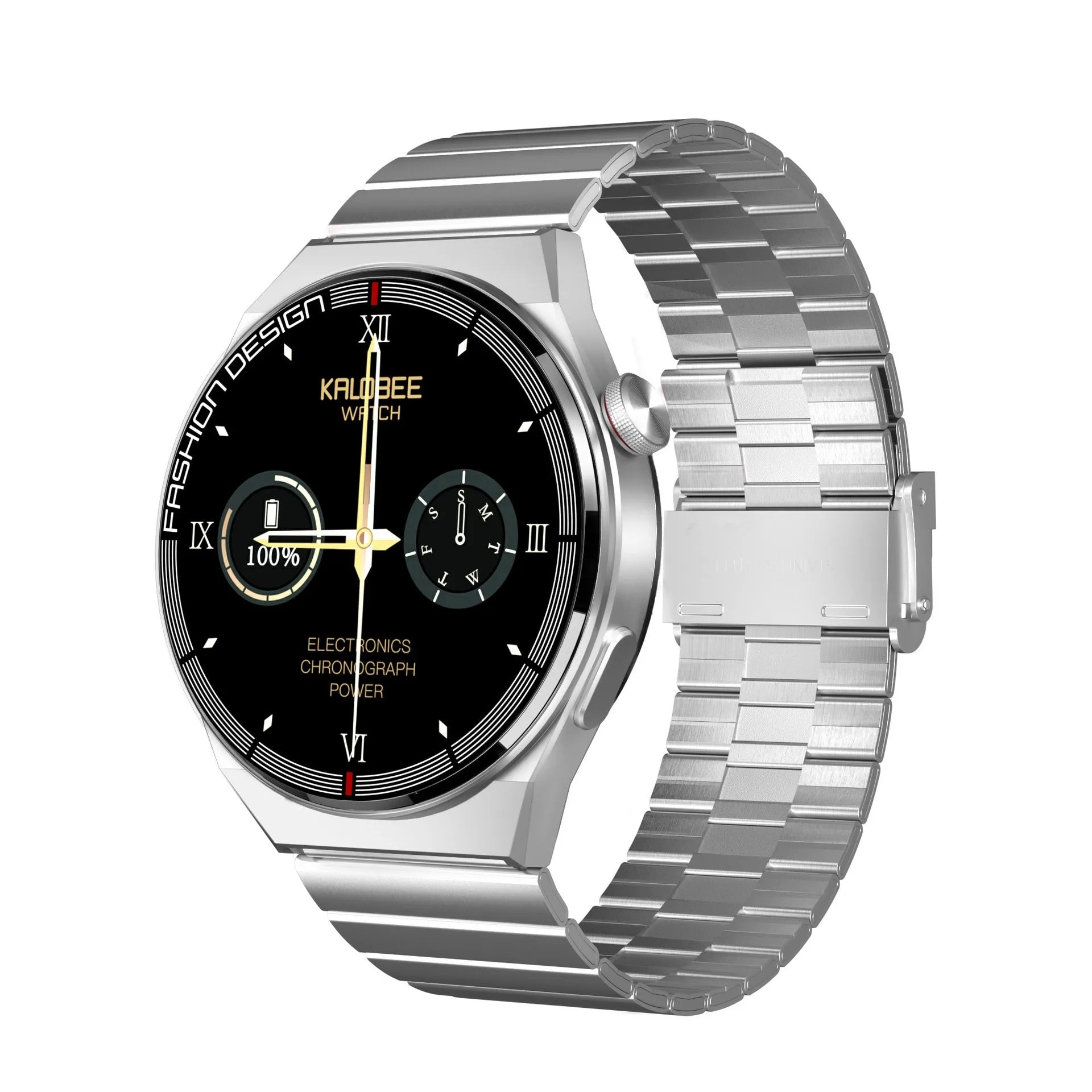 Black Bluetooth smartwatch with heart rate monitor on a silicone strap, showing its 1.28-inch touch screen.