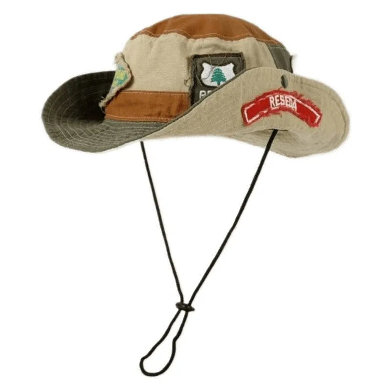 Army Green cotton foldable fisherman hat with retro patchwork and flat crown design