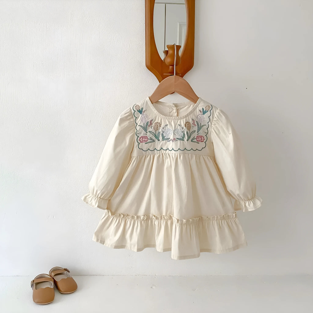 Girls' apricot long sleeve dress with flower embroidery and ruffled details, cotton fabric, princess skirt style