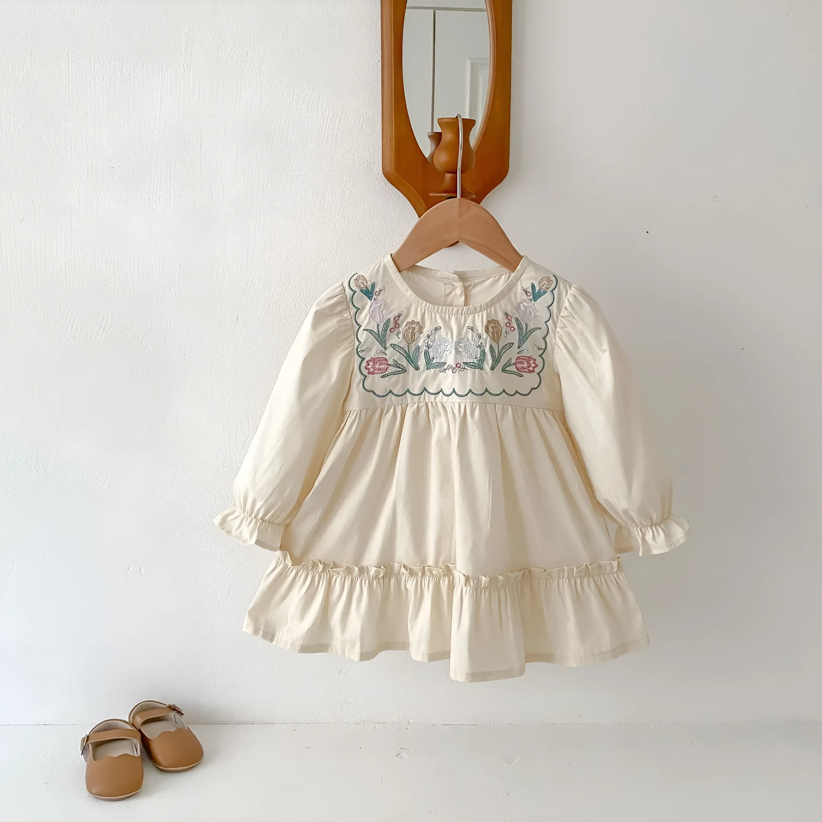 Girls' apricot long sleeve dress with flower embroidery and ruffled details, cotton fabric, princess skirt style