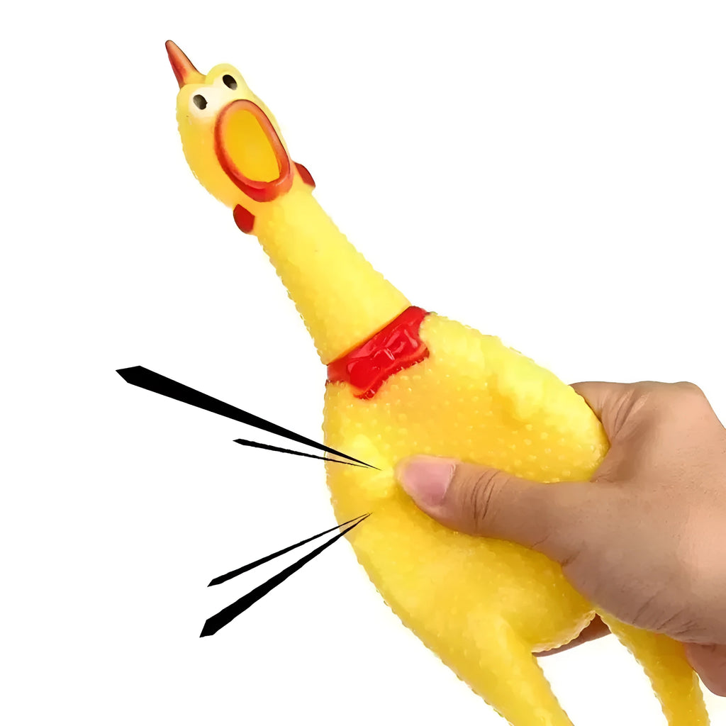 Yellow rubber screaming chicken dog squeak toy shown in small, medium, and large sizes.