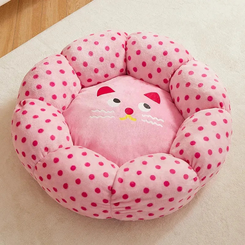 Pink dot pattern fabric cat bed shown in 45cm and 65cm diameter sizes