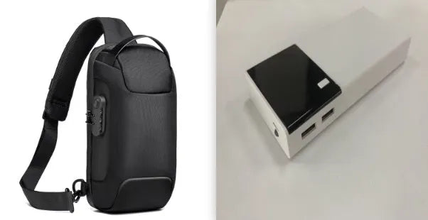 Black 20000mAh power bank with charging cable on a white background