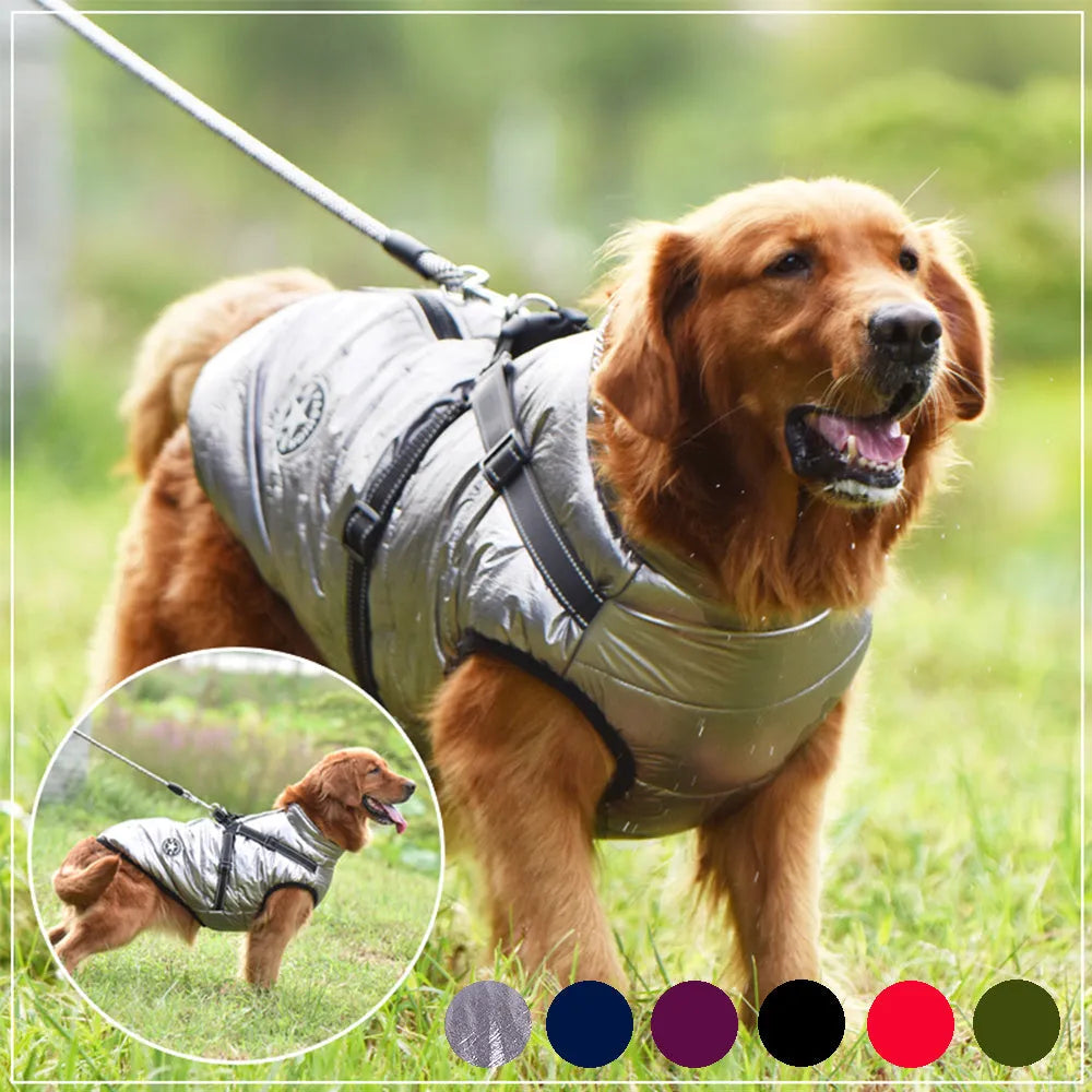 Waterproof dog coat with integrated harness in red, navy blue or army green rain silk fabric
