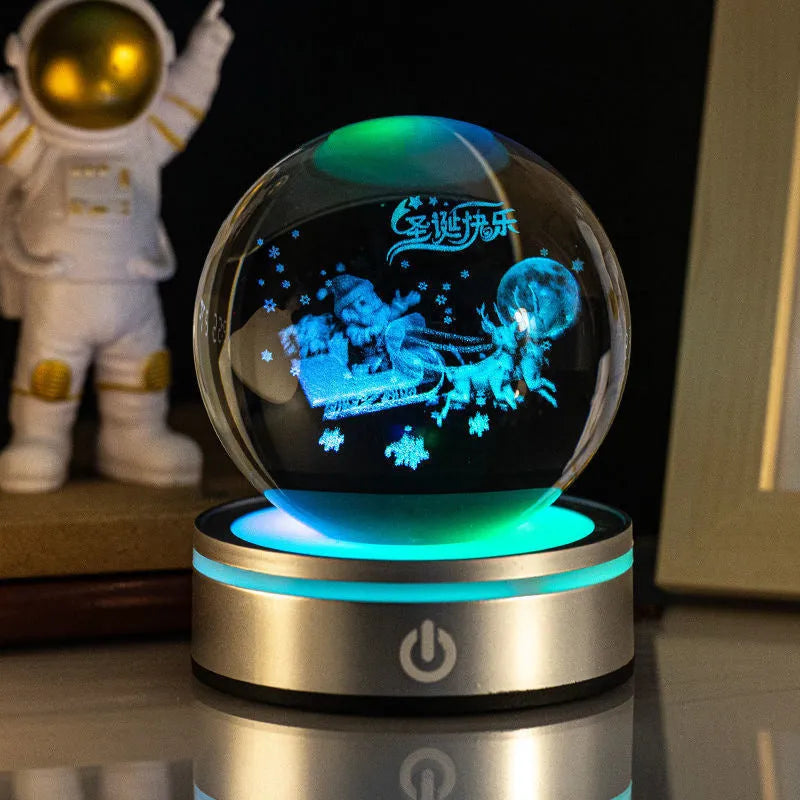 Creative 3D inner carving luminous crystal ball night lamp with colourful gradient, USB plug-in, and round touch base, 8cm diameter, white crystal material, astronaut style.