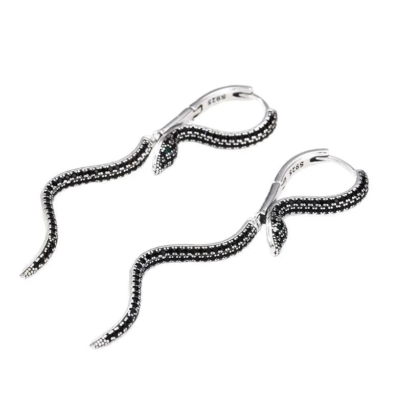 Snake earrings with inlaid zircon on copper, Black Diamond colour, retro Korean style, one pair