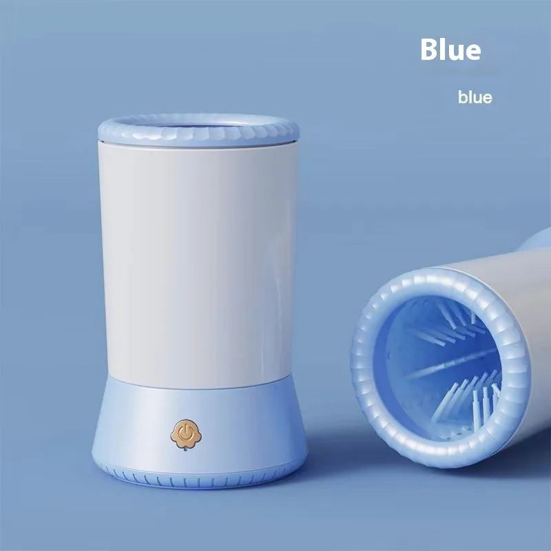 Electric foot-washing cup for dogs and cats in pink, blue, and white and blue colours