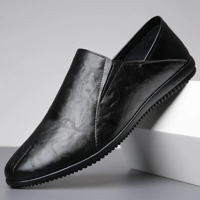 Men's round toe artificial PU leather shoes in white with anti-slip sole, side view