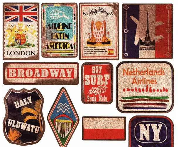 36 piece retro beach sticker collection with surfing theme, PVC material with matte finish, sizes 6-10cm