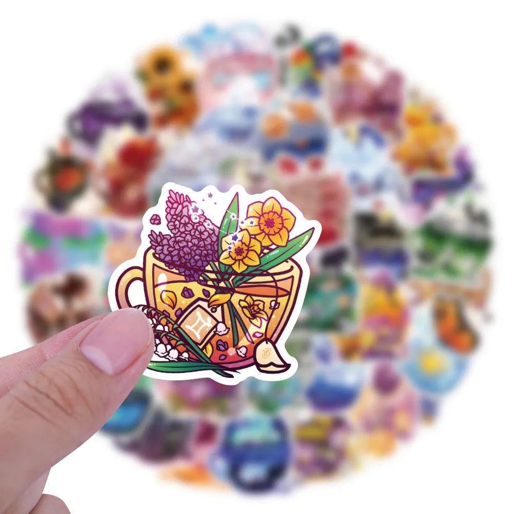 Colourful tea cup graffiti waterproof stickers for luggage and scooter decoration, 50-piece set