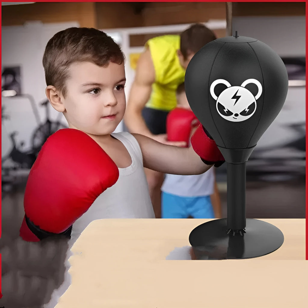 Tabletop boxing speed ball with suction cup base and inflatable target in burst bear design